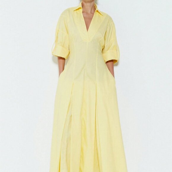 Yellow Elegant Womens V-Neck Long Sleeve Maxi Dress - Picture 2 of 4